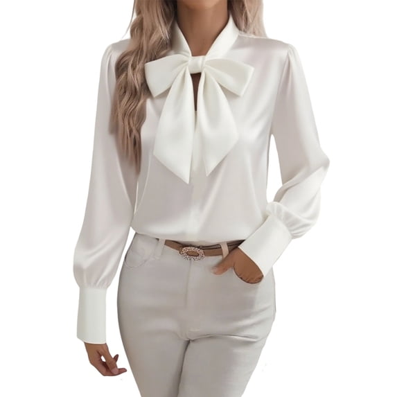 Kaemgyyd Women Bow Tie Neck Office Blouse Satin Silk Long Sleeve Shirt Classic Loose Fit Elegant Blouse Work Business Tops Fall Outfit