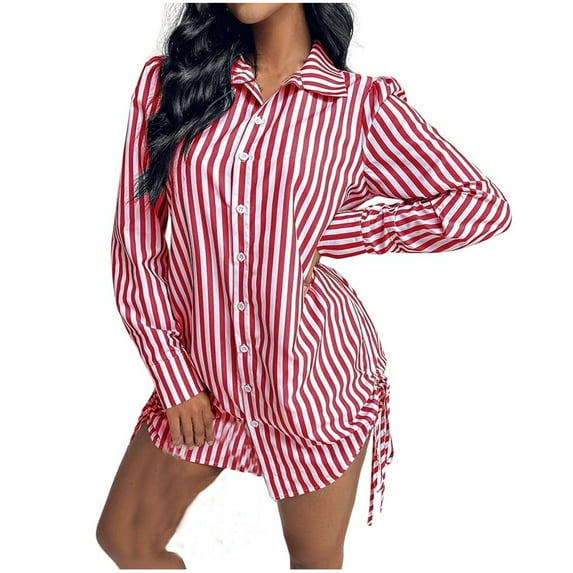 Kaemgyyd Women Button down Shirt Dress Swimsuit Cover up Stripe Printing Mini Shirt Dress Casual Trendy Drawstring Beach Dress