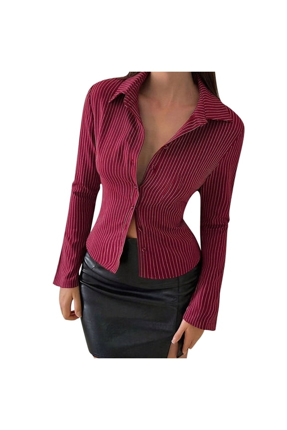 Women Button down Shirts 3/4 Sleeve Basic Business Dress Shirt Slim Fitted Cropped Classic Work Blouse Tops