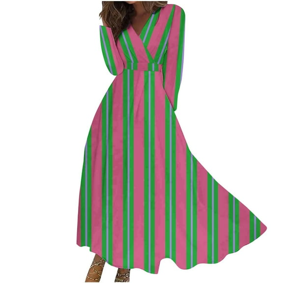 Kaemgyyd Women Casual Dress Fashion Stripe V Neck Long Sleeve Maxi Dress High Waist A Line Flowy Fall Dress for Vaction
