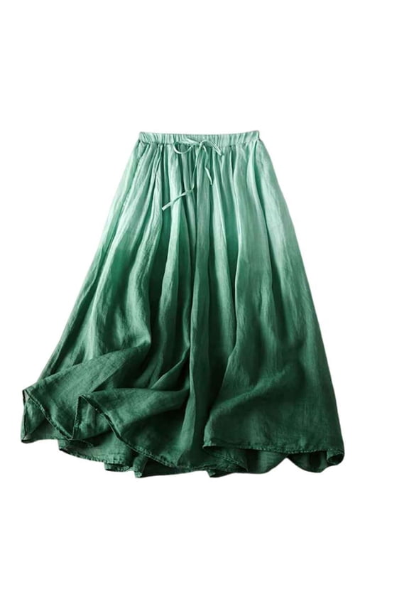 Women Casual Skirt Cotton Linen Pleated Tie Waist Midi Skirt Gradient Trendy A-Line Vaction Boho Skirt
