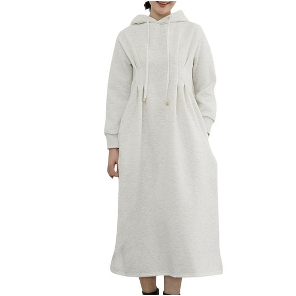 Kaemgyyd Women Casual Sweatshirt Dress Oversized Hooded Pullover Maxi Dress Long Sleeve Drawstring Warm Fall Winter Loose Dress