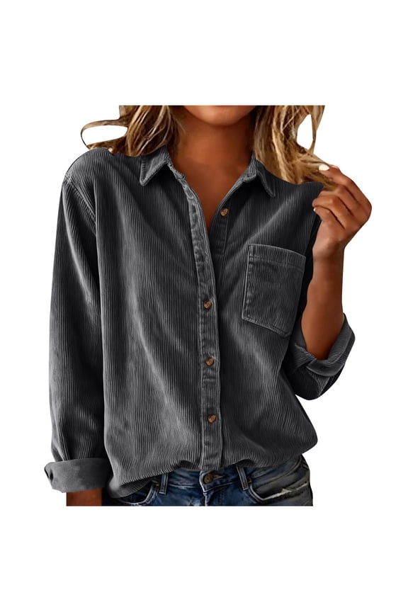 Women Corduroy Shirts Fall Casual Long Sleeve Button down Blouses Vintage Warm Lapel Work Office Top with Pocket