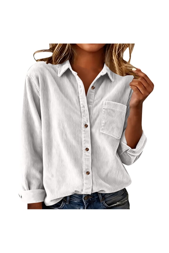 Women Corduroy Shirts Fall Casual Long Sleeve Button down Blouses Vintage Warm Lapel Work Office Top with Pocket