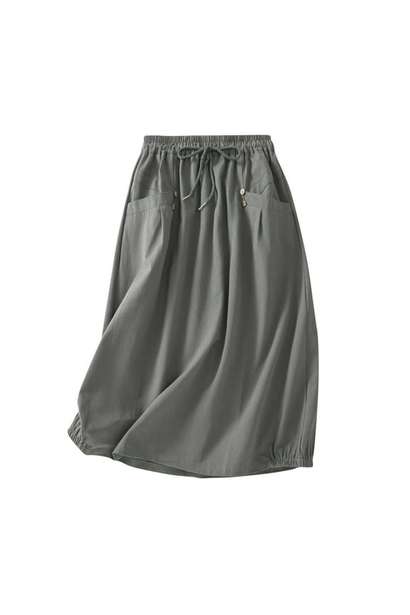 Women Cotton Linen Skirt Elastic High Waist Casual Loose Skirts Solid Baggy Flowy a Line Drawstring Skirts