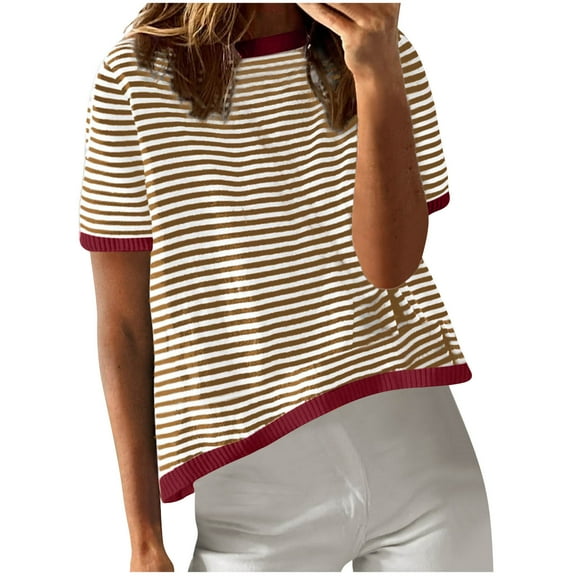 Kaemgyyd Women Cropped T-Shirts Lightweight Short Sleeve Crew Neck Loose Fit Tops Summer Casual Striped Trendy Tees S-2XL