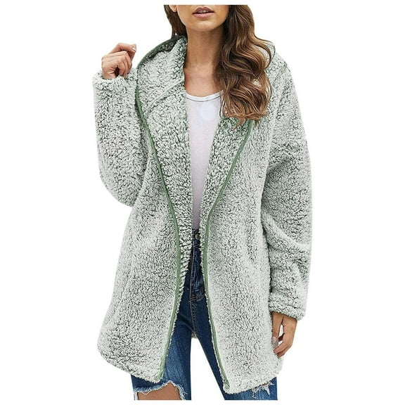 Kaemgyyd Women Fleece Cardigan Loose Fit Long Hooded Jacket Fuzzy Sherpa Lined Open Front Coat Winter Outwear for Cold Weather