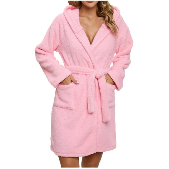 Kaemgyyd Women Hooded Fleece Robe Classic Short Plush Robes for Womens with Hood Soft Winter Warm Shower Bathrobe with Pockets