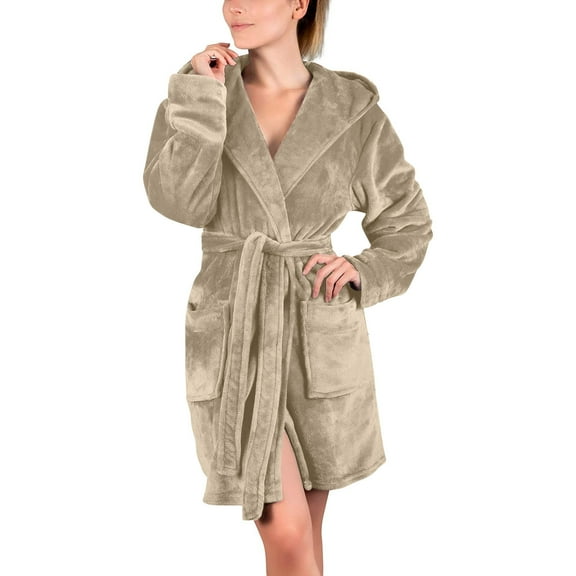 Kaemgyyd Women Hooded Fleece Robe Short Plush Robes for Womens Fuzzy Long Sleeve Soft Warm Belted Bathrobe with Pockets Loungewear