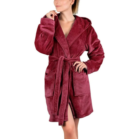 Kaemgyyd Women Hooded Fleece Robe Short Plush Robes for Womens Fuzzy Long Sleeve Soft Warm Belted Bathrobe with Pockets Loungewear