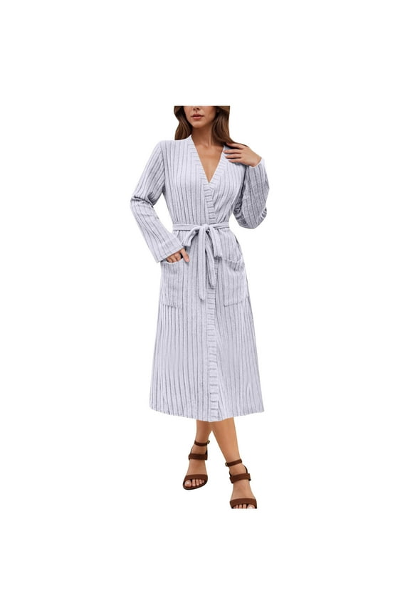 Women Kimono Robes Soft Quick Dry Ribbed Knit Bathrobe Lightweight Solid Color V Neck Sleepwear Casual Ladies Loungewear