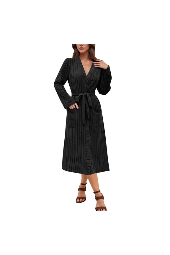 Women Kimono Robes Soft Quick Dry Ribbed Knit Bathrobe Lightweight Solid Color V Neck Sleepwear Casual Ladies Loungewear