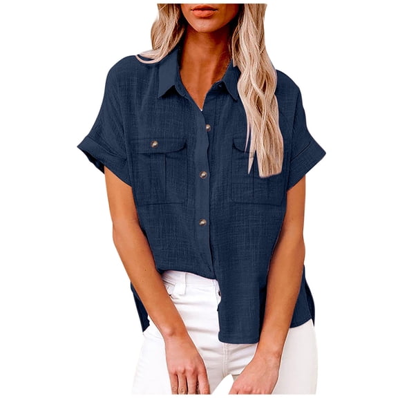 Kaemgyyd Women Linen Button Down Shirt Roll up Short Sleeve Blouses Casual Work Tops Lightweight Hiking Cargo Shirt with Pockets