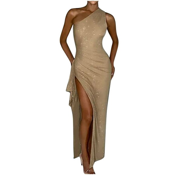 Kaemgyyd Women One-Shoulder Sequin Dress Sparkly Glitter Sleeveless Party Dress Cocktail Wedding Midi Dresses with Slit