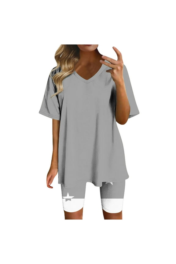 Women Plus Size 2 Piece Outfits Casual Loose Short Sleeve V Neck Tunic Tops and Star Biker Shorts Sets Tracksuits