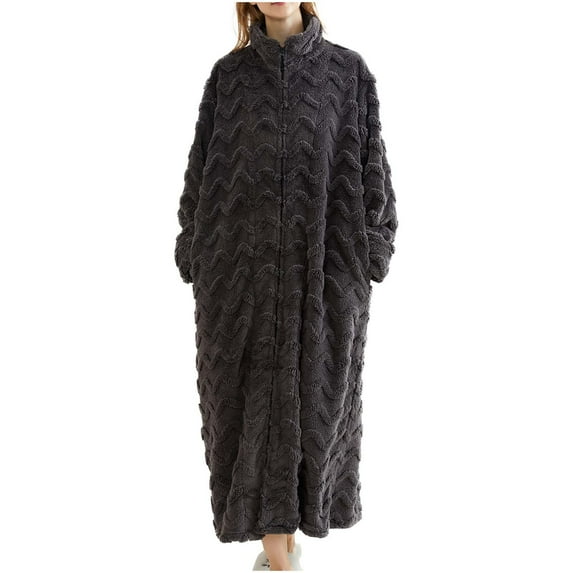 Kaemgyyd Women Plush Robes Soft Comfy Zipper Front Long Sleeve Full Length Sherpa Housecoat with Pockets Winter Loungewear M-Xl