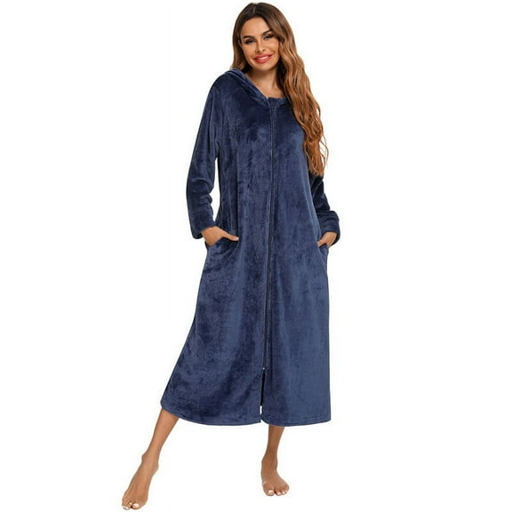 Kaemgyyd Women Plush Zipper Robe Lightweight House Coat Cozy Zipper Front Long Sleeve Bathrobes with Hood Soft Nightgown S-2Xl