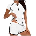 thumbnail image 1 of Kaemgyyd Women Rash Guard Swimsuit UV Protection Two Piece Swimwear Short Sleeve Striped 1/4 Zipper Bathing Suit with Shorts, 1 of 5