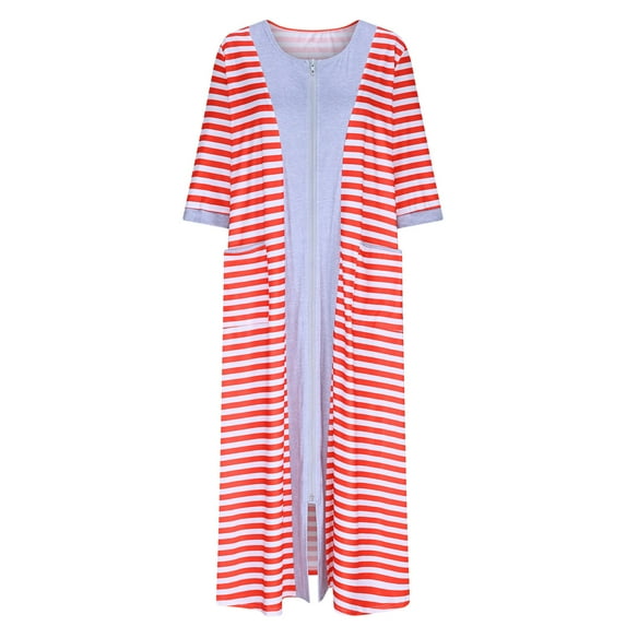 Kaemgyyd Women Robe Zipper Front House Coat Lightweight 3/4 Sleeve Fashion Striped Nightgown Lounge Sleep Dress with Pockets