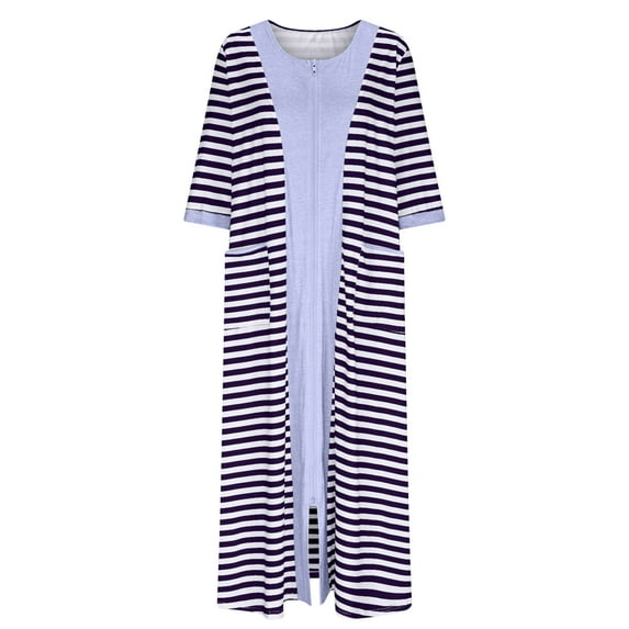 Kaemgyyd Women Robe Zipper Front House Coat Lightweight 3/4 Sleeve Fashion Striped Nightgown Lounge Sleep Dress with Pockets