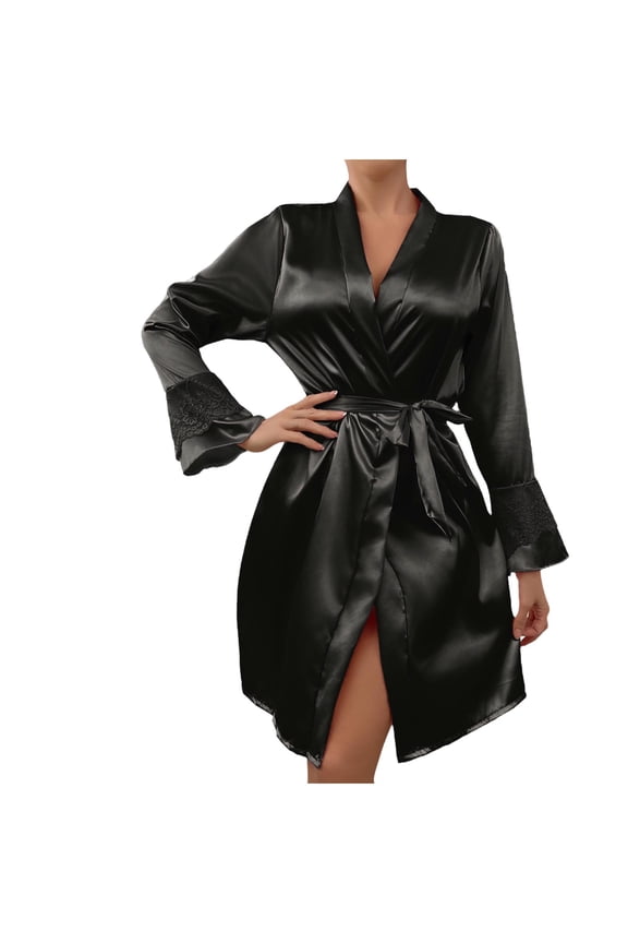 Women Satin Silk Robe Knee Length Lightweight Short Bathrobe Ruffle Long Sleeve Lace Belted Nightdress Sleepwear