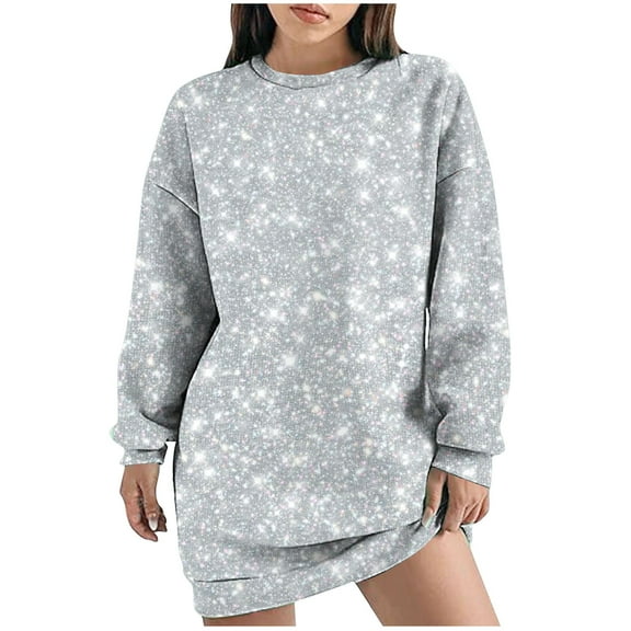 Kaemgyyd Women Sequin Dress Sparkly Long Sleeve Crew Neck Short Flowy Party Dress Casual Loose Glitter Mini Sweatshirt Dress