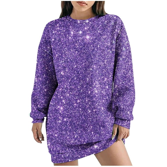 Kaemgyyd Women Sequin Dress Sparkly Long Sleeve Crew Neck Short Flowy Party Dress Casual Loose Glitter Mini Sweatshirt Dress