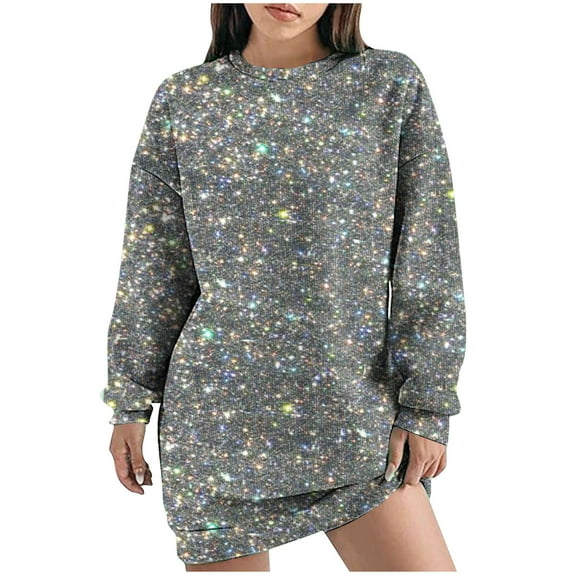 Kaemgyyd Women Sequin Dress Sparkly Long Sleeve Crew Neck Short Flowy Party Dress Casual Loose Glitter Mini Sweatshirt Dress