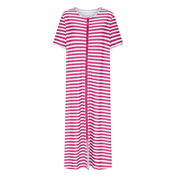 Kaemgyyd Women Short Sleeve Zip Front Nightgowns Full Length Plus Size Robes Loose Striped Housecoat Loungewear with Pockets