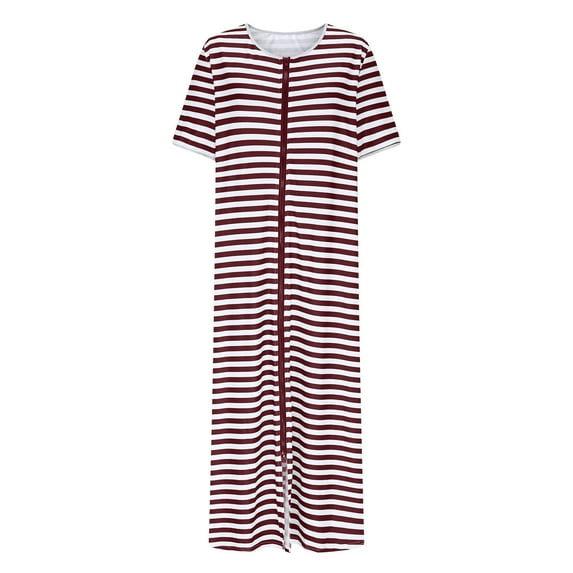 Kaemgyyd Women Short Sleeve Zip Front Nightgowns Full Length Plus Size Robes Loose Striped Housecoat Loungewear with Pockets