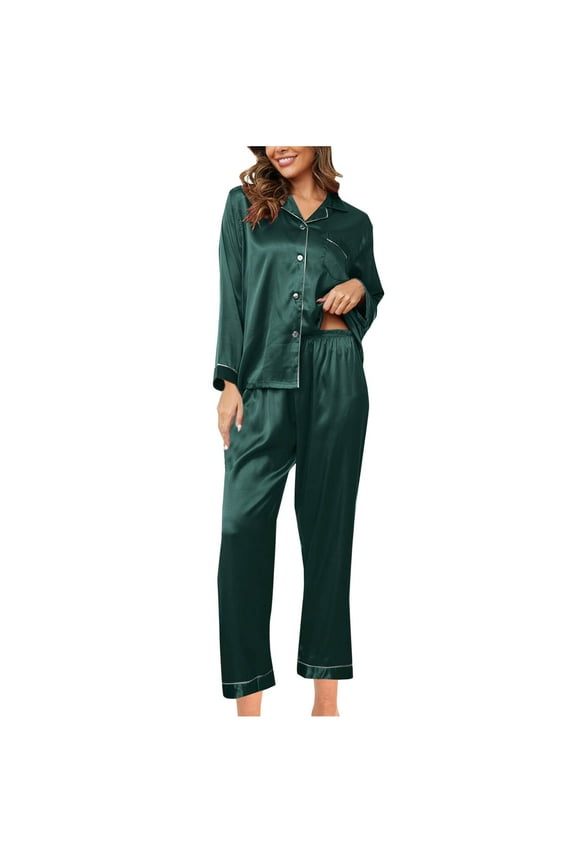 Women Silk Pajamas Set Soft Comfy Long Sleeve Satin Button down Tops and High Waist Pants Pjs Sleepwear Two-Piece Set