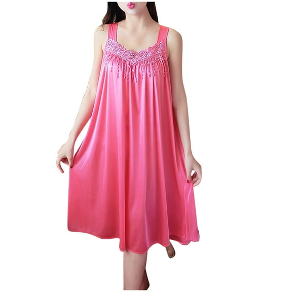 Kaemgyyd Women Silk Satin Nightgown Flowy V Neck A-Line Sleepdress Fashion Solid Color Print Sleepwear Loungewear