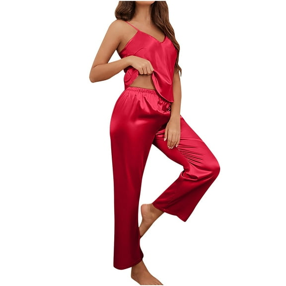 Kaemgyyd Women Silk Satin Pajamas Set Sleeveless Spaghetti Strap Cami Tops with Pants 2 Piece Pjs Set Summer Loungewear Sleepwear
