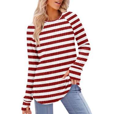 Kaemgyyd Women Striped Long Sleeve Sweater Causal Oversized Knit Pullover Tops Loose Crewneck Ribbed Fall Clothing with Thumb Hole
