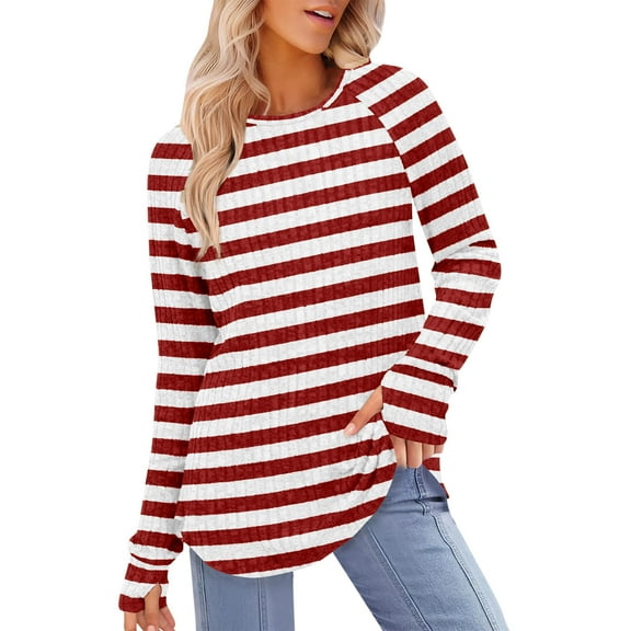 Kaemgyyd Women Striped Long Sleeve Sweater Causal Oversized Knit Pullover Tops Loose Crewneck Ribbed Fall Clothing with Thumb Hole