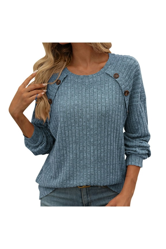 Women Sweaters Long Sleeve Crew Neck Knit Pullover Casual Lightweight Button Tops Fall Fashion Clothing