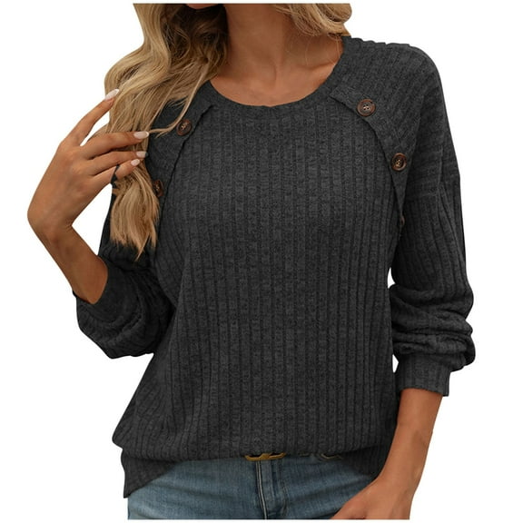 Kaemgyyd Women Sweaters Long Sleeve Crew Neck Knit Pullover Casual Lightweight Button Tops Fall Fashion Clothing
