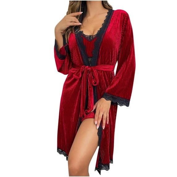 Kaemgyyd Women Velvet Robes Soft Lounge Fuzzy Lace Trim Long Sleeve Bathrobe for Women Bridal Wedding Sleepwear