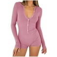 thumbnail image 1 of Kaemgyyd Women Yoga Rompers Lounge Ribbed Knit Long Sleeve V Neck Stretch Shorts Jumpsuit Soft Button down One-Piece Pajama Outfit, 1 of 7