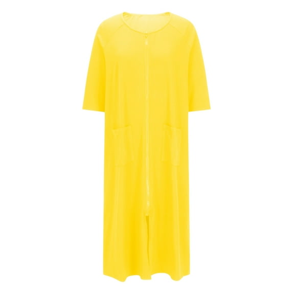 Kaemgyyd Women Zipper Robe Soft Comfy 3/4 Sleeves Loungewear Dressside Slit Solid Sleepwear Pockets Nightgown Long Bathrobe