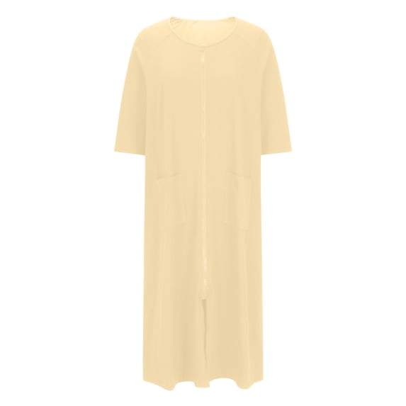 Kaemgyyd Women Zipper Robe Soft Comfy 3/4 Sleeves Loungewear Dressside Slit Solid Sleepwear Pockets Nightgown Long Bathrobe