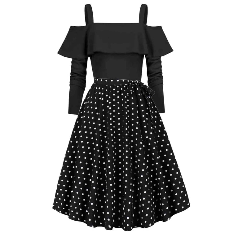 Kaemgyyd Women's 1950s Vintage Dress Long Sleeve Polka Dot a Line Dresses  Ruffles Cold Shoulder Elegant Fall Flowy Dress - Walmart.com