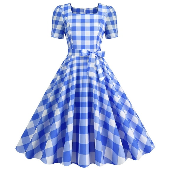 Kaemgyyd Women's 1950s Vintage Dress Square Neck a Line Plaid Printing Dresses Cocktail Party Bow Tie Clubwear