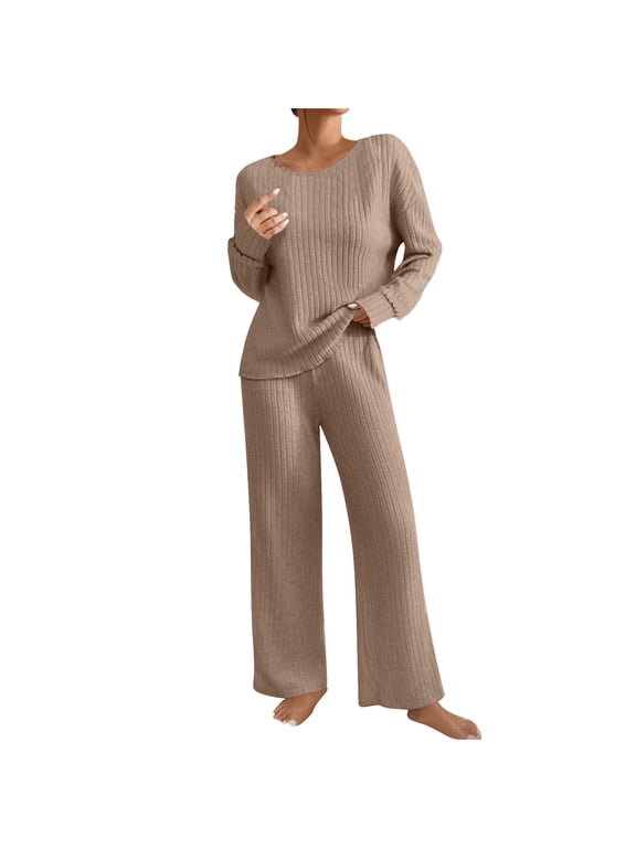 Women's 2 Piece Lounge Sets Ribbed Knit Long Sleeve Crew Neck Pullover Tops and Wide Leg Pants Fall Winter Outfits