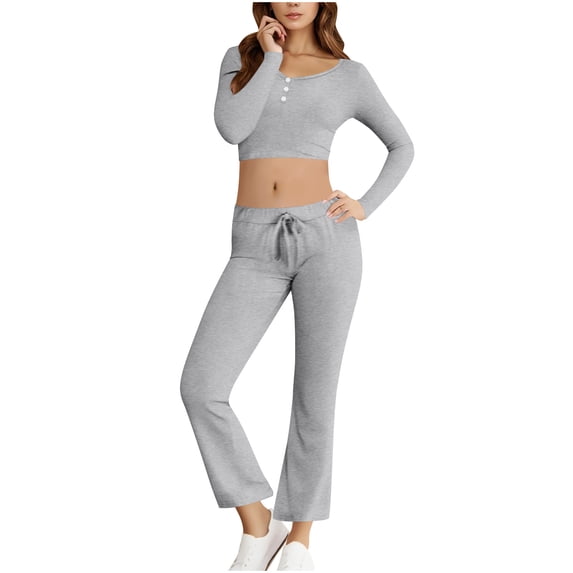 Kaemgyyd Women's 2 Piece Matching Lounge Set Long Sleeve Crop Top with Elastic Waist Flare Pants Casual Sweatsuit Running Clothes