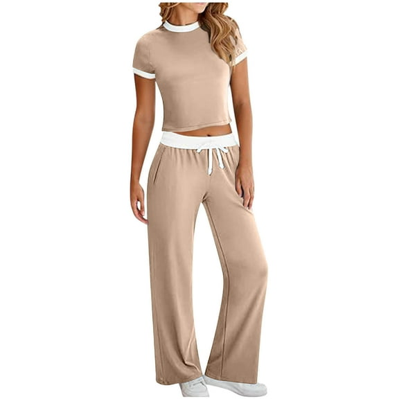 Kaemgyyd Women's 2 Piece Outfits Casual Slim Short Sleeve Crewneck Tops and High Waist Drawstring Pants Spring Trendy Clothing