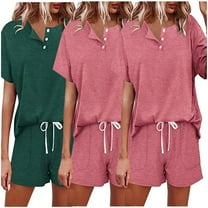 Kaemgyyd Women's 2 Piece Outfits Sweatsuit Casual Short Sleeve Button Tops and Drawstring Shorts Pants 3PC Lounge Sets