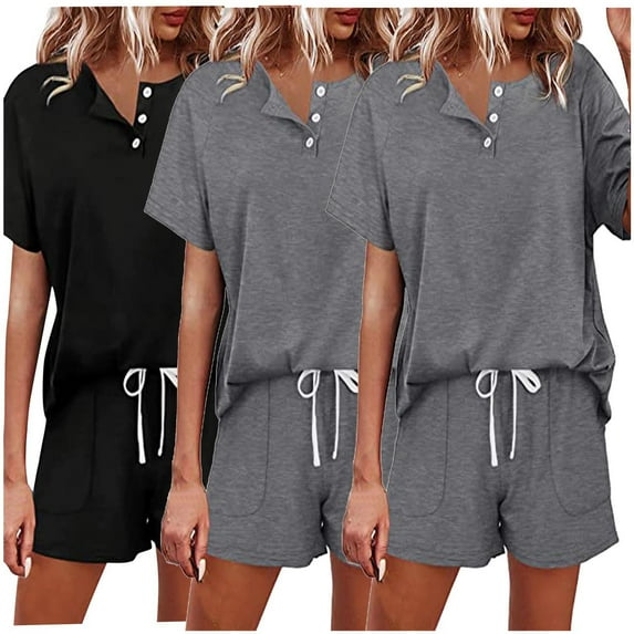 Kaemgyyd Women's 2 Piece Outfits Sweatsuit Casual Short Sleeve Button Tops and Drawstring Shorts Pants 3PC Lounge Sets