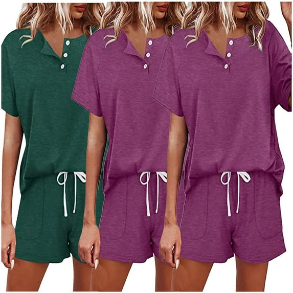 Kaemgyyd Women's 2 Piece Outfits Sweatsuit Casual Short Sleeve Button Tops and Drawstring Shorts Pants 3PC Lounge Sets