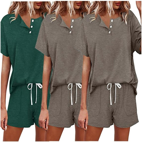 Kaemgyyd Women's 2 Piece Outfits Sweatsuit Casual Short Sleeve Button Tops and Drawstring Shorts Pants 3PC Lounge Sets